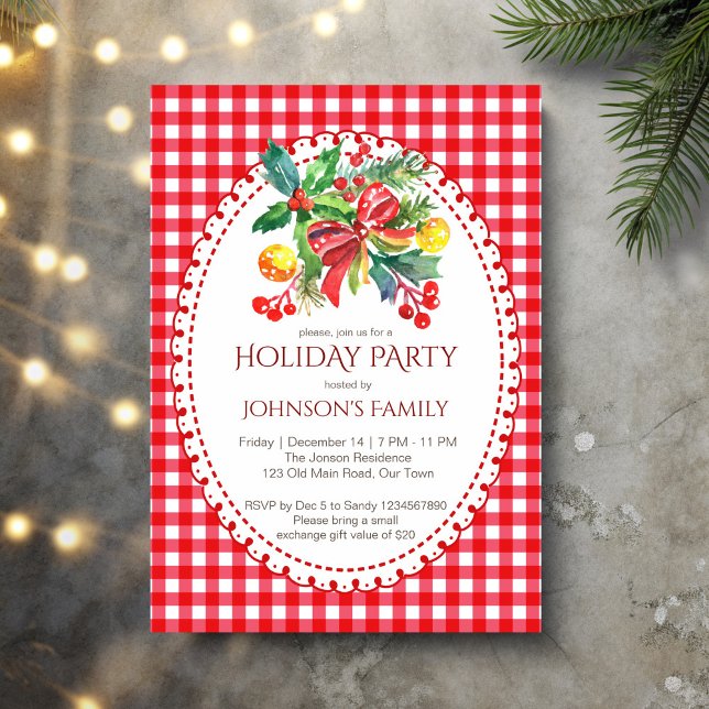 Convite Pinheiros de gingham vermelhos de festas de Natal (Red gingham retro grand millennial Christmas holiday party invitation cards template)