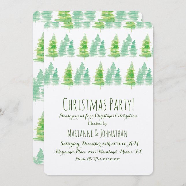 Convite Pinheiros de Natal, Colados Aquarelas (Frente/Verso)