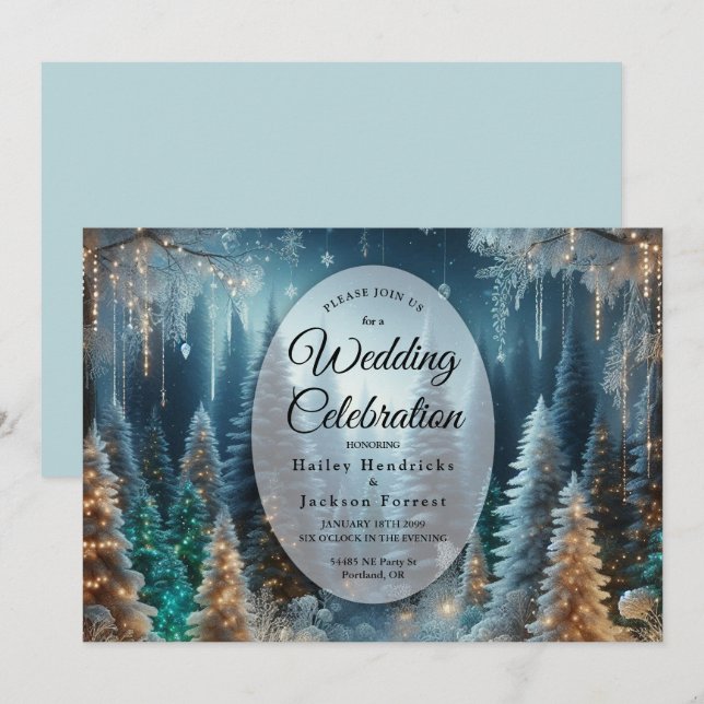 Convite Pinheiros foscos no Casamento Brilhante de inverno (Frente/Verso)