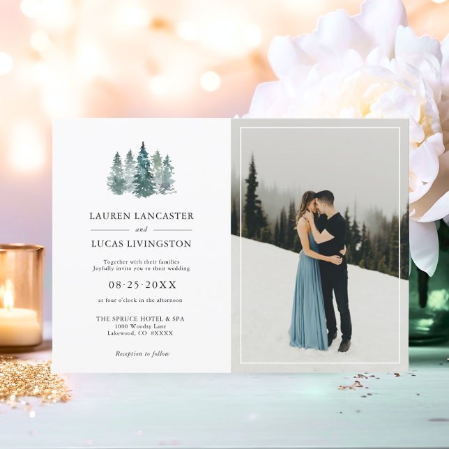 Convite Pinheiros Russos de Casamento Verde Escuro Profund (Wedding Rustic Pine Trees Deep Dark Green  PHOTO Invitation)