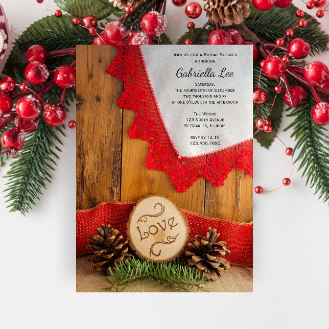 Convite Pinheiros Russos e Chá de panela de rendas Vermelh (Set a festive tone with the Rustic Pines and Red Lace Winter Woodland Bridal Shower Invitation.)