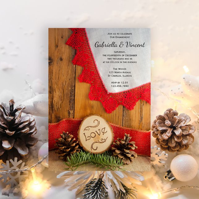 Convite Pinheiros Russos e Festa de noivado de inverno de  (Celebrate your winter engagement with the festive Rustic Pines and Red Lace Woodland Invitation.)