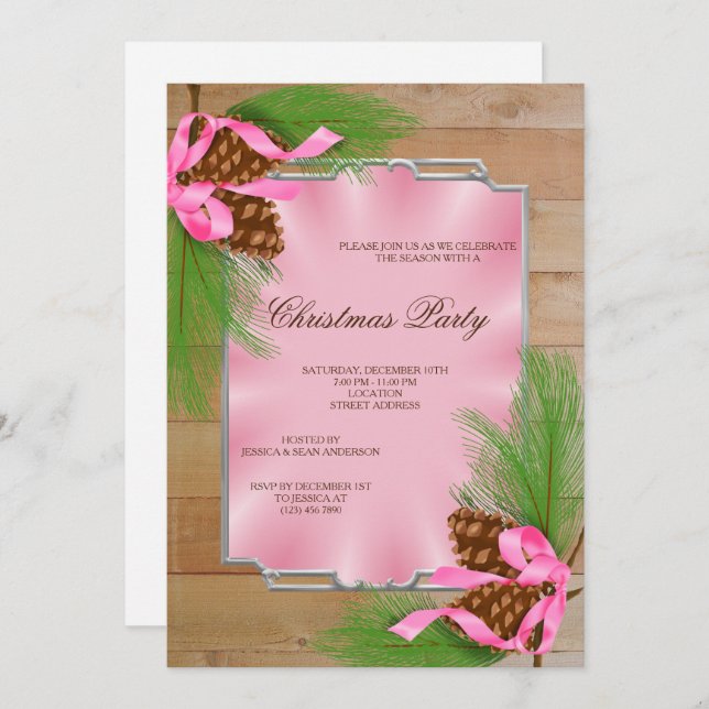 Convite Pinho de Canto Moldado de Madeira Cones & Fita Nat (Frente/Verso)