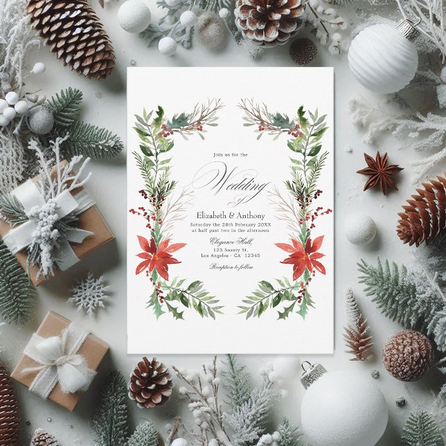 Convite Pinho de Neve e Casamento no inverno de Spruce com (Snowy rustic pine and spruce floral watercolor christmas wedding invitation)