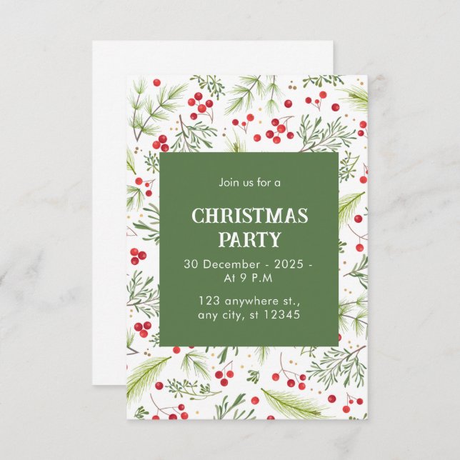 Convite Pinho Floral Verde e Vermelho e Feliz Natal (Frente/Verso)