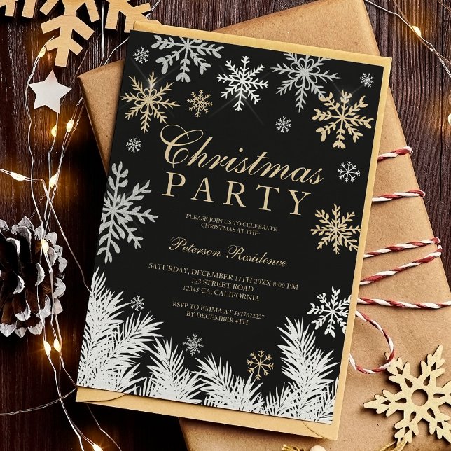 Convite Pinho preto com floco de neve moderno Natal (Modern snowflake pine black winter Christmas Invitation)