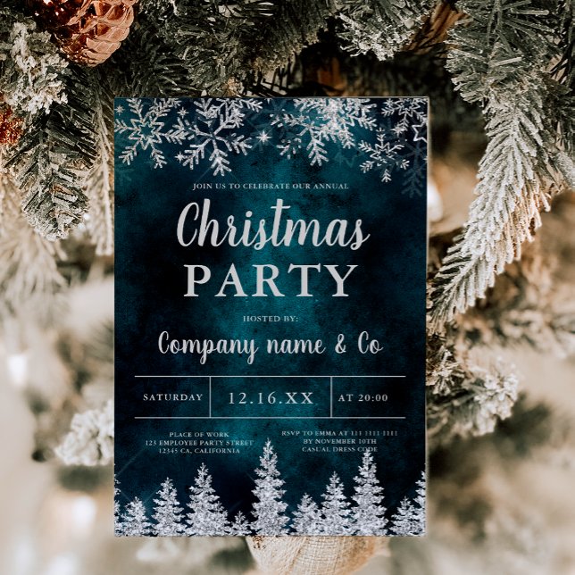 Convite Pinho verde-prata de inverno Natal (Winter silver snow pine green corporate Christmas Invitation)