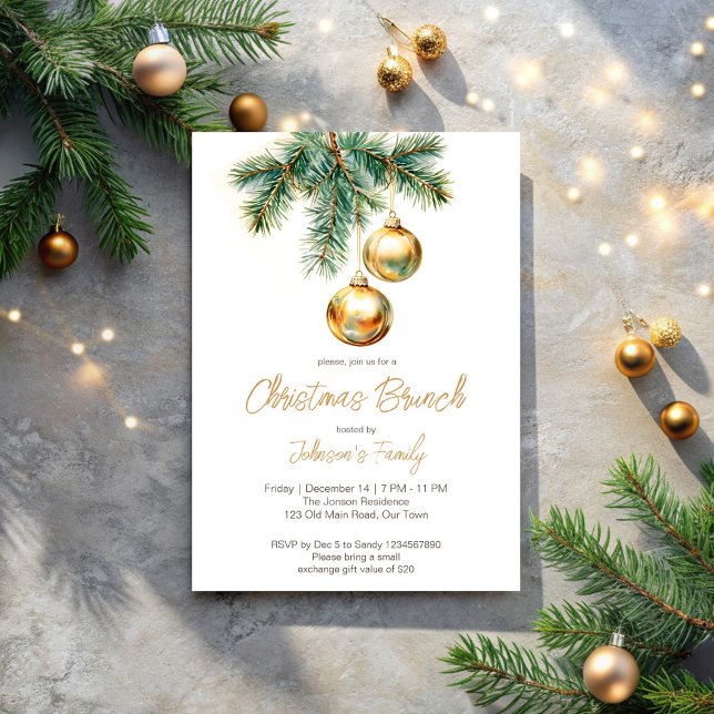 Convite Pinhões de ouro para salto de Natal (Christmas brunch party invitation cards gold baubles pines simple modern Christmas invitation)