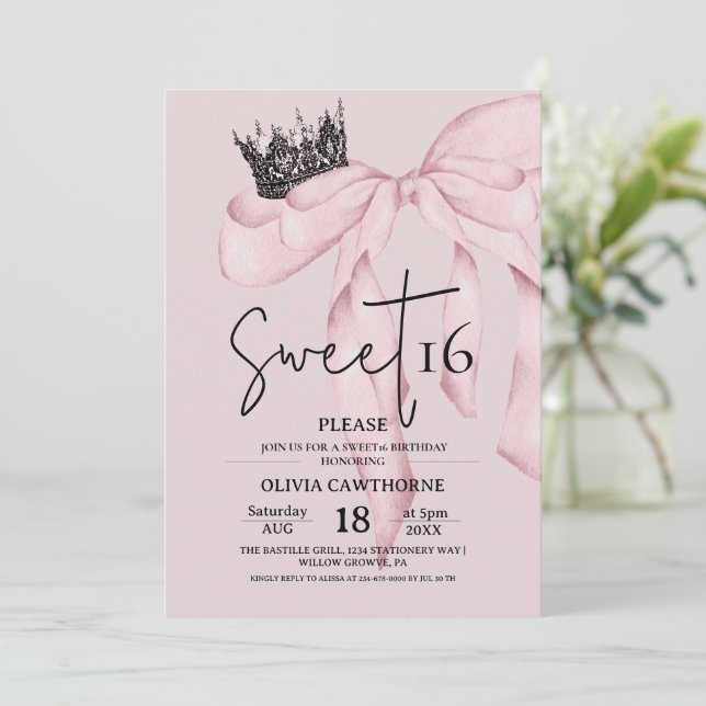 Convite  Pink 16th Birthday ⎮Modern Bow Sweet 16 (Em pé/Frente)