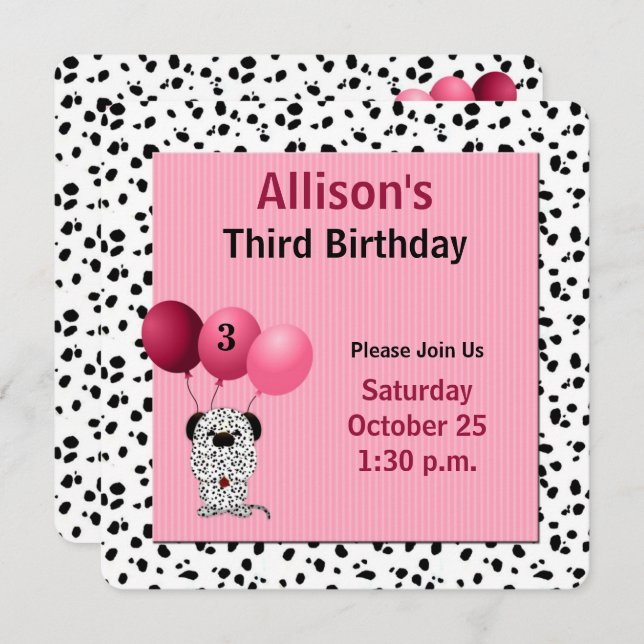 Convite Pink 3rd Birthday Party with Dalmatians (Frente/Verso)