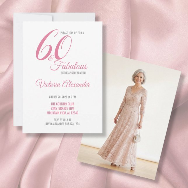 Convite Pink 60 and Fabulous Elegant Script Birthday (Pink 60 and Fabulous Elegant Script Birthday Invitation)