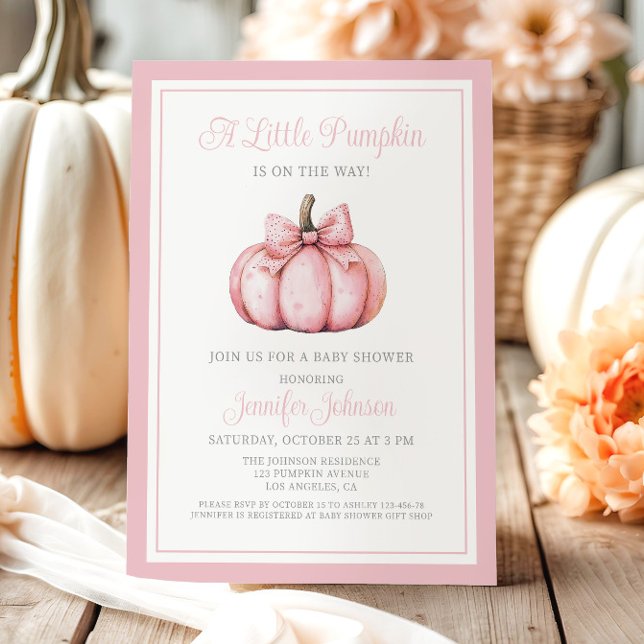 Convite Pink A Little Pumpkin Is On The Way Baby Shower (Pink Cute A Little Pumpkin On The Way Baby Shower Invitation)