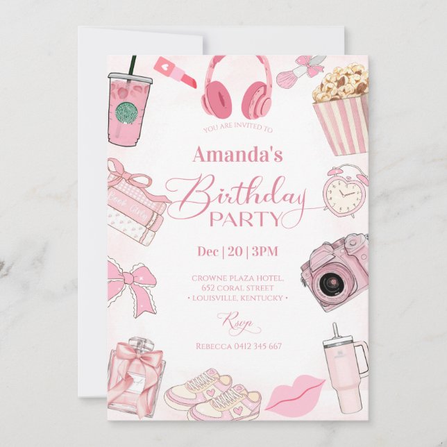 Convite Pink Aesthetic Girl Birthday Party Invitation (Frente)