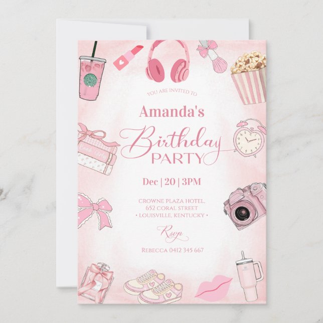 Convite Pink Aesthetic Girl Birthday Party Invitation (Frente)