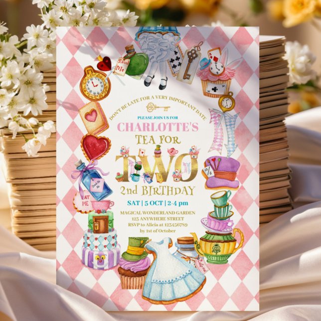 Convite Pink Alice in Wonderland 2nd birthday Invitation (Criador carregado)