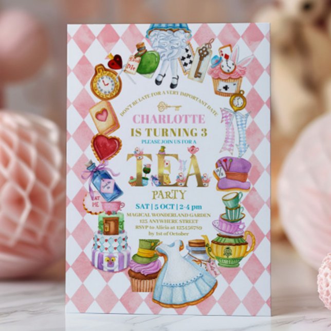 Convite Pink Alice in Wonderland 3rd birthday Invitation (Criador carregado)