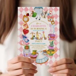 Convite Pink Alice in Wonderland 4th birthday Invitation