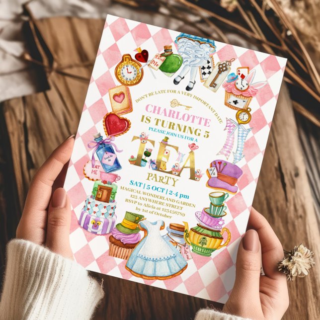 Convite Pink Alice in Wonderland 5th birthday Invitation (Criador carregado)
