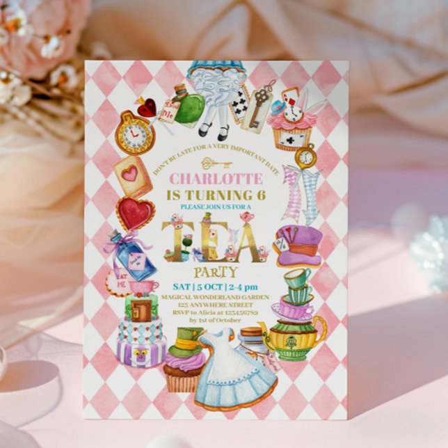 Convite Pink Alice in Wonderland 6th birthday Invitation (Criador carregado)