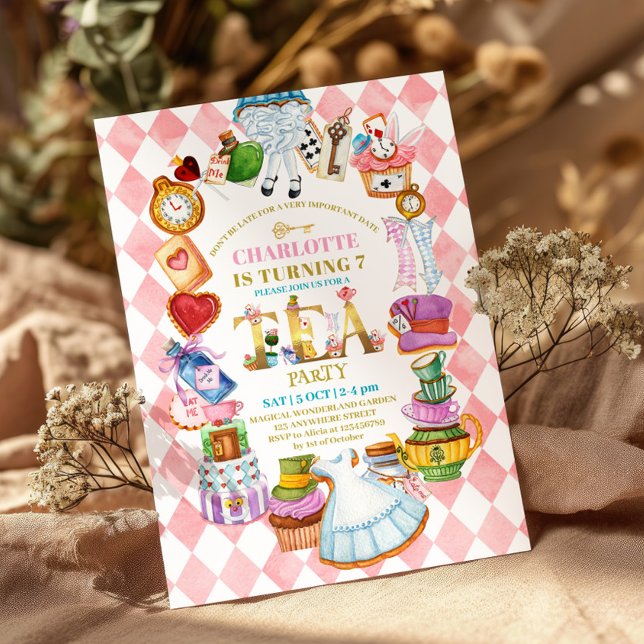 Convite Pink Alice in Wonderland 7th birthday Invitation (Criador carregado)