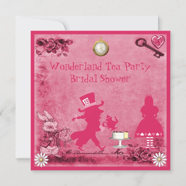 Convite Pink Alice in Wonderland Tea Party Bridal Shower (Frente)