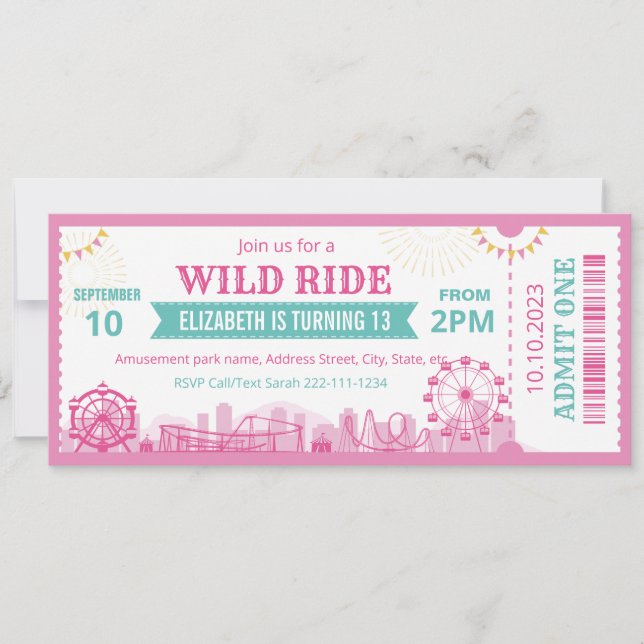 Convite Pink Amusement Park Birthday Invitation Ticket  (Frente)