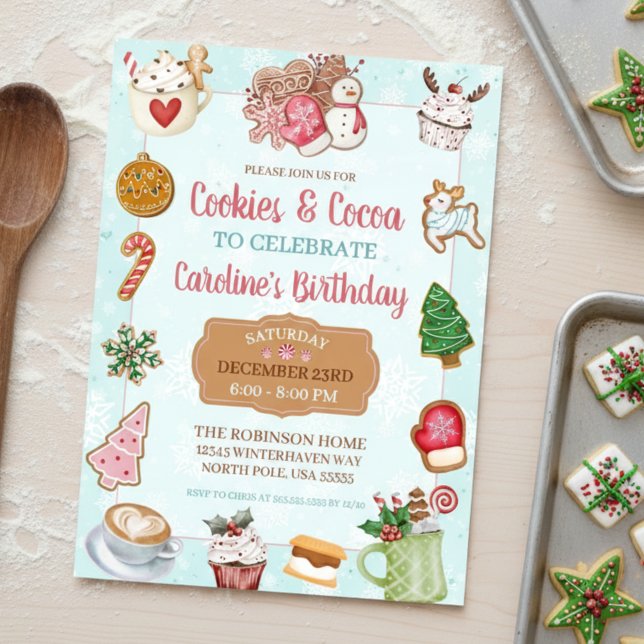 Convite Pink and Aqua Christmas Cookies and Cocoa Birthday (cute cookies and hot cocoa christmas birthday party exchange invitations)