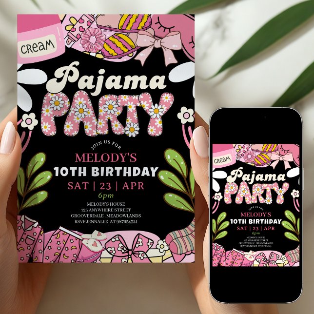 Convite Pink and Black Daisy Pajama Party Birthday  (Criador carregado)