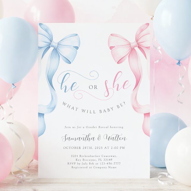 Convite Pink and Blue Bows Gender Reveal Invitation (Criador carregado)