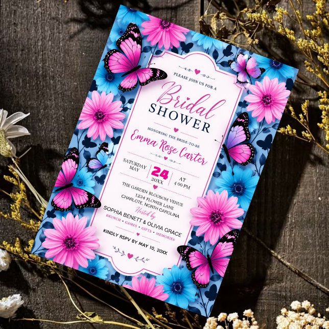Convite Pink and Blue Butterfly Bridal Shower Invitation (Criador carregado)