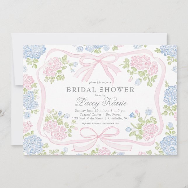 Convite Pink and blue Floral Bridal Shower Invitation,  (Frente)