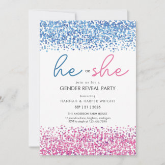 Convite Pink and Blue white Gliter He or She Gender Reveal