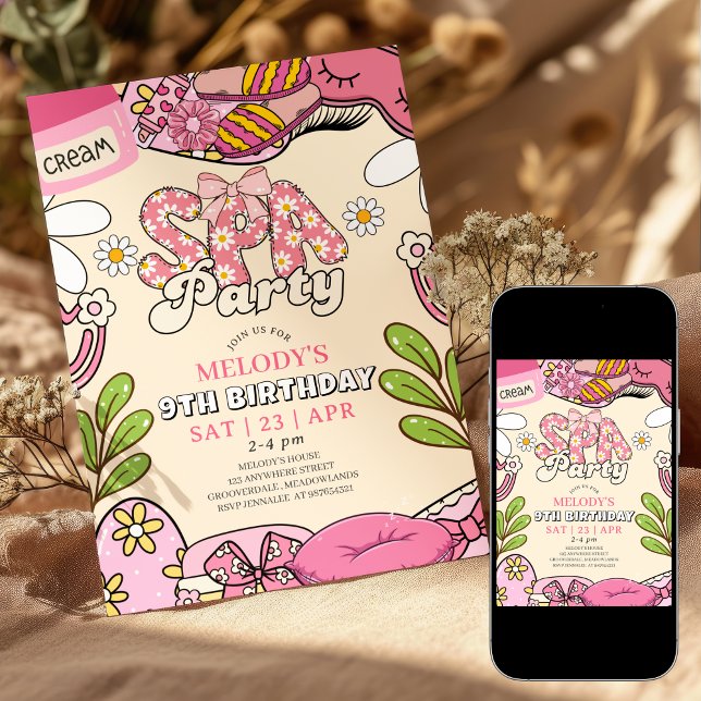 Convite Pink and Cream Retro Daisy Spa Party Birthday  (Criador carregado)