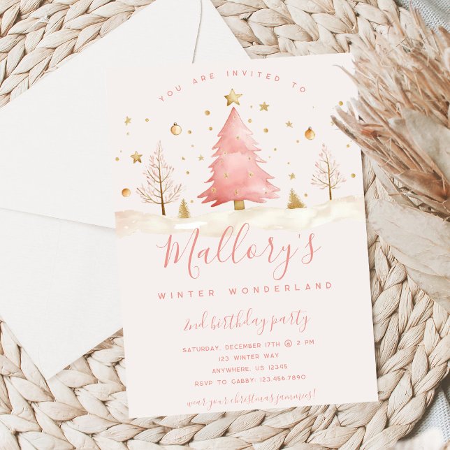Convite Pink and Gold Christmas Birthday Invitation  (Criador carregado)