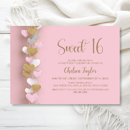 Convite Pink and Gold Heart Theme Sweet 16 Birthday