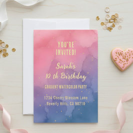 Convite Pink and Gold Watercolor Ombre Birthday Invitation