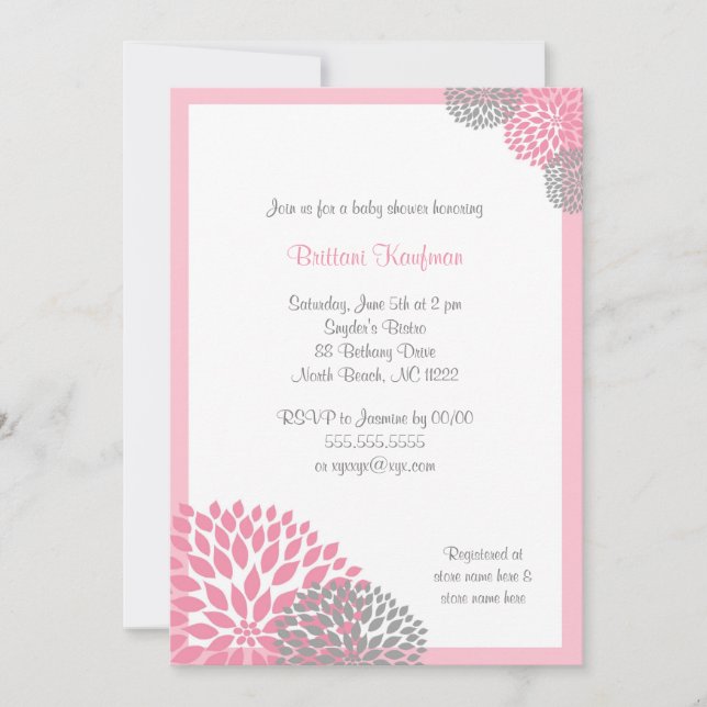 Convite Pink and Gray Dahlia Baby Shower Invitation (Frente)