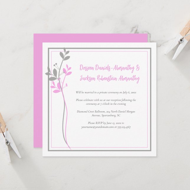 Convite Pink and Gray Modern Botanical Reception Only | (Frente/Verso In Situ)