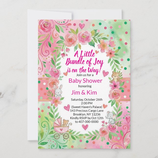 Convite Pink and Green Baby Shower Invitation (Frente)
