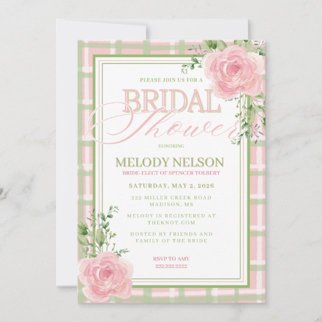 Convite Pink and Green Floral Bridal Shower Invitation (Frente)