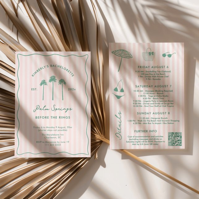 Convite Pink And Green Palm Springs Bachelorette Weekend (Double-sided Palm Springs Before the Rings theme bachelorette weekend party itinerary invitation)