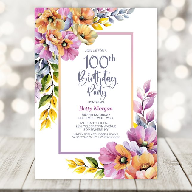 Convite Pink and Orange Floral 100th Birthday Party (Criador carregado)