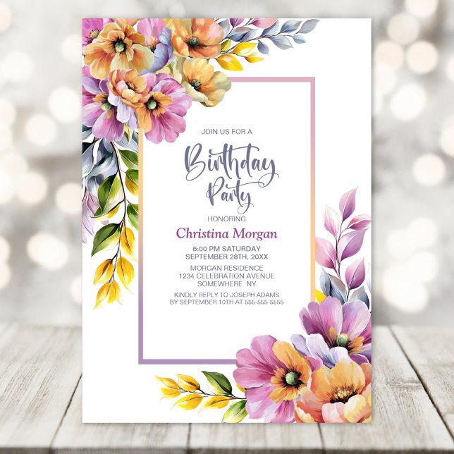Convite Pink and Orange Floral Any Age Birthday Party (Criador carregado)