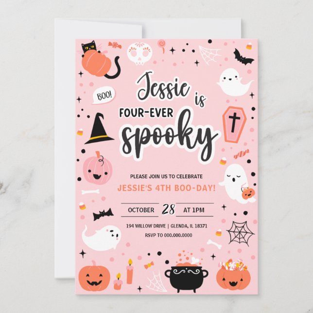 Convite Pink and Orange Halloween 4th Birthday Invitation  (Frente)