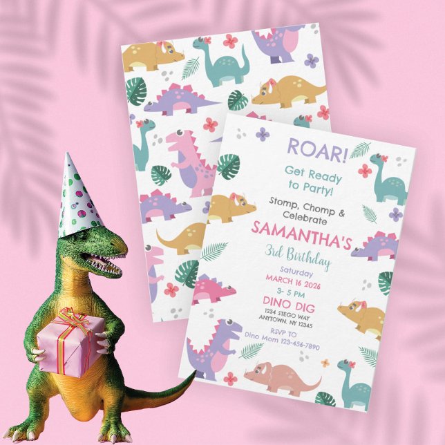 Convite Pink and Pastel Girls Dinosaur Birthday Invitation (Criador carregado)
