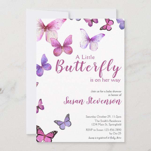 Convite Pink and Purple A Little Butterfly Baby Shower (Frente)