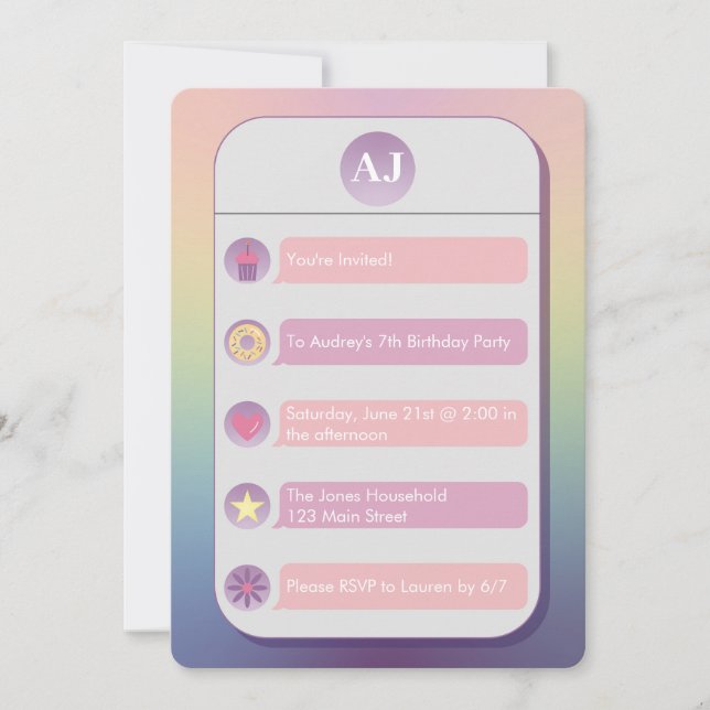 Convite Pink and Purple Cell Phone Kid's Birthday Party (Frente)