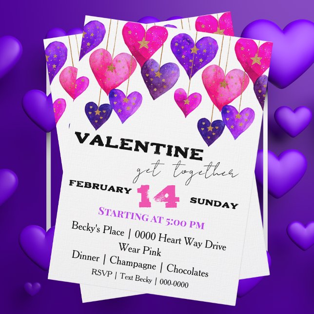 Convite Pink and Purple Hearts Valentine Day (Cute pink and purple Valentines Day Hearts customizable party invitation
)