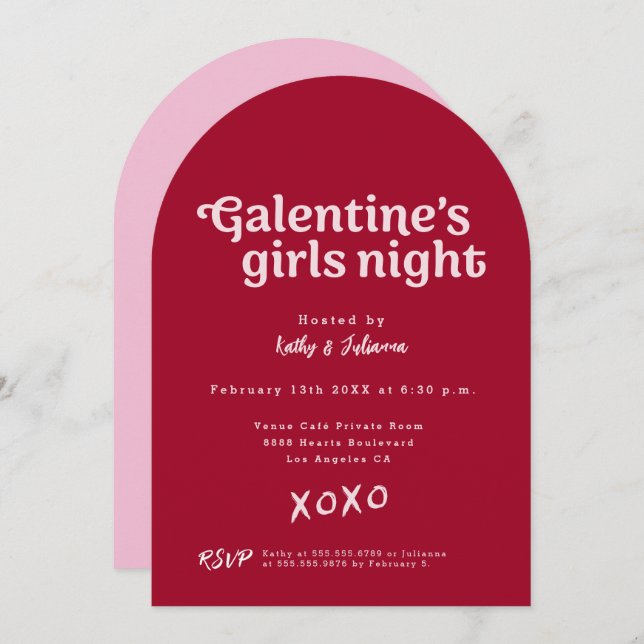 Convite Pink and Red Galentine's Girls Night Party Modern  (Frente/Verso)