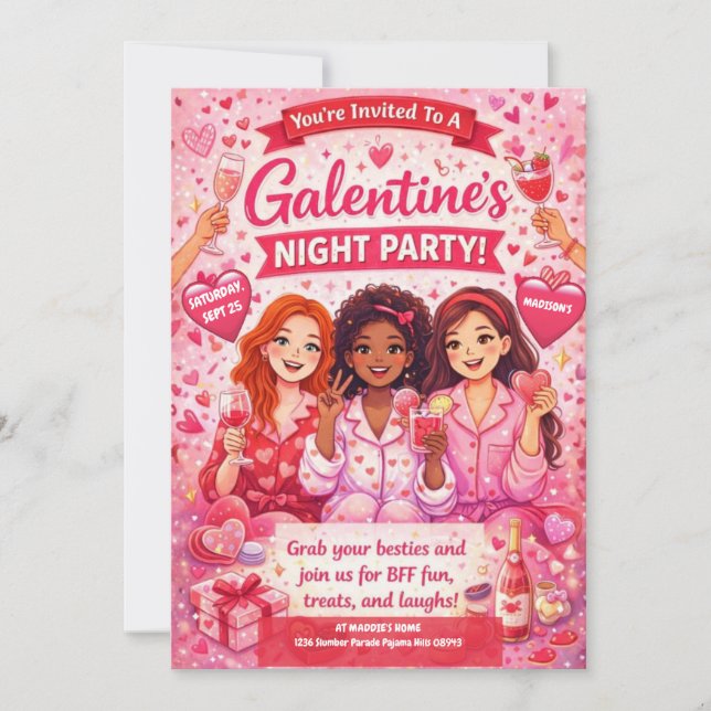 Convite Pink and Red Galentine's Night Party Invitation (Frente)